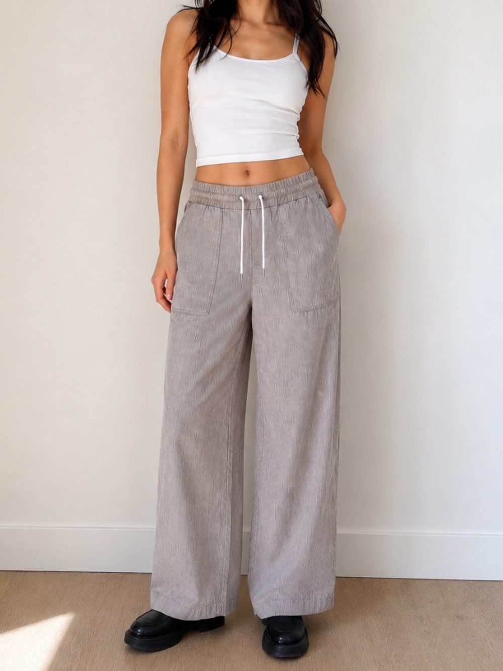 Athleta 100% Linen Wide Leg Pants Taupe Pinstripe Drawstring 8